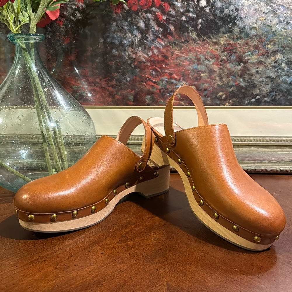 J.CREW leather clogs, size 81/2 chestnut color